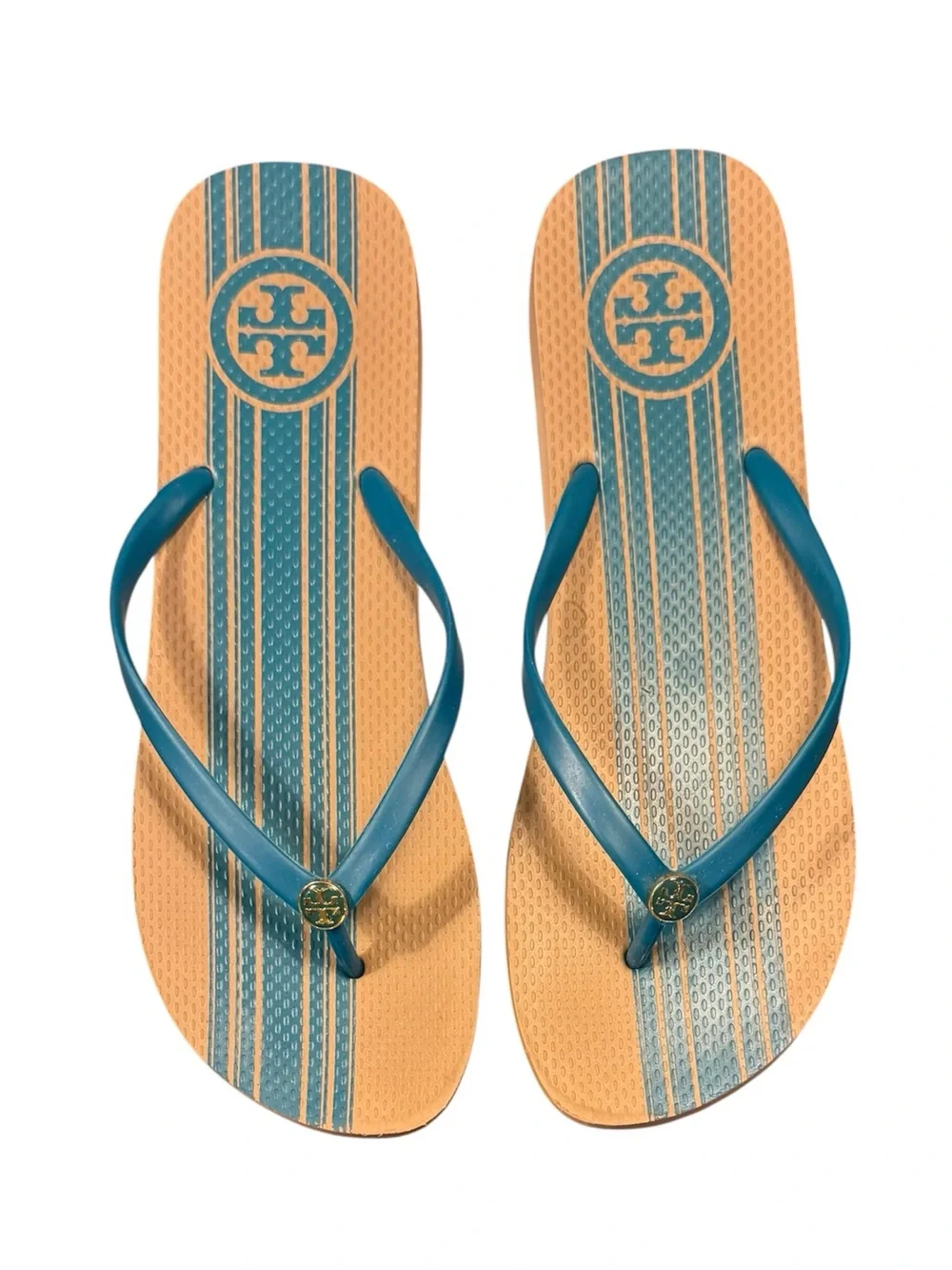 Tory Burch Teal Strap Sandals with Tan Striped Footbed Size 11